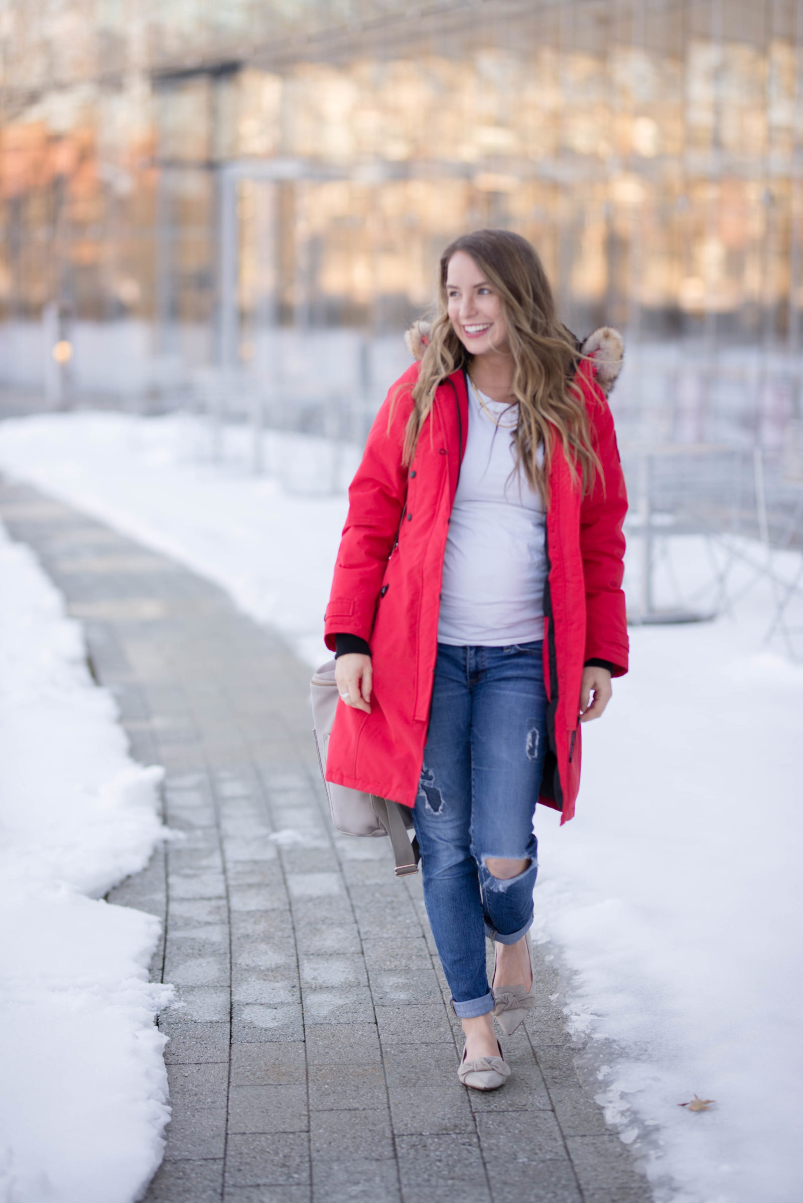 Bright Red Parka for a Casual Winter Day — Winter Maternity Outfits