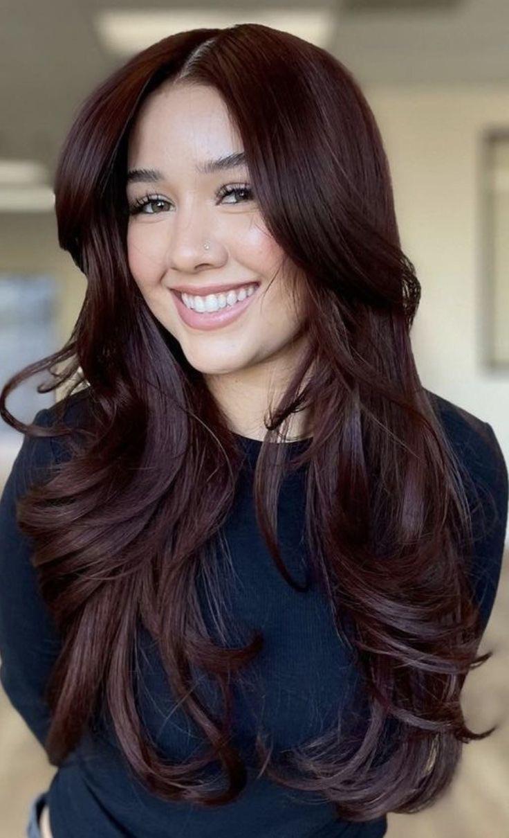 Deep Burgundy With Side-Swept Bangs Deep Burgundy With Side-Swept Bangs — Deep Winter Hair Color