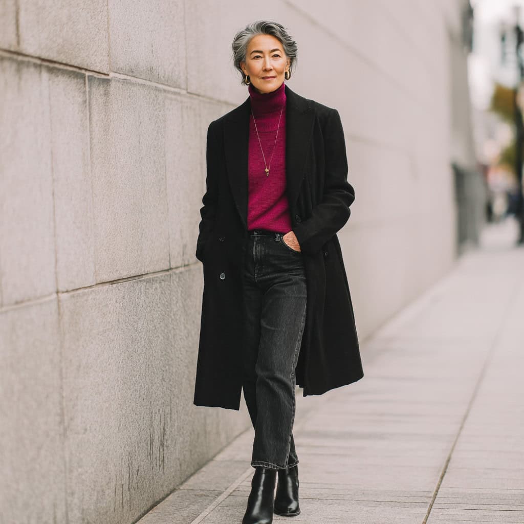 Deep Magenta Turtleneck with Long Black Coat for Bold Contrast — Deep Winter Outfits