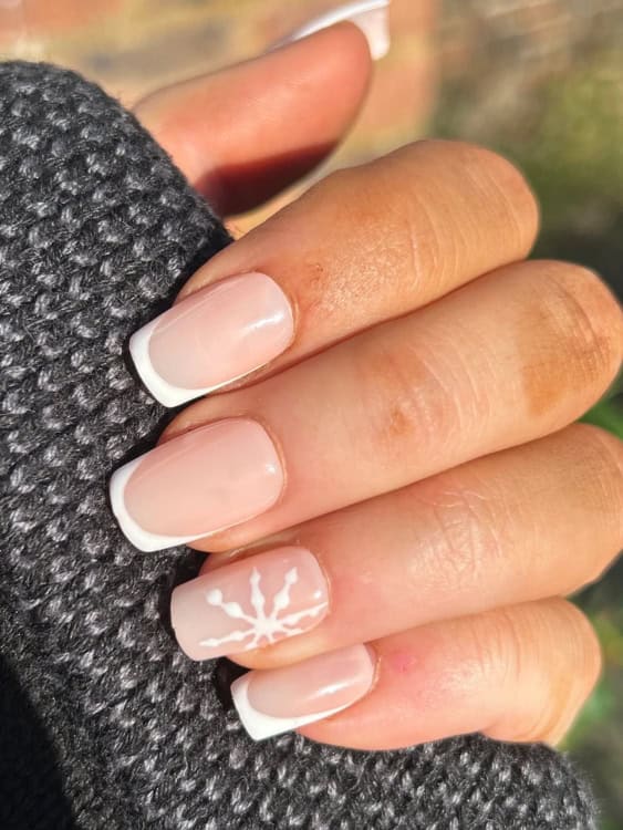 Short Square Snowflake French — Winter French Tip Nails