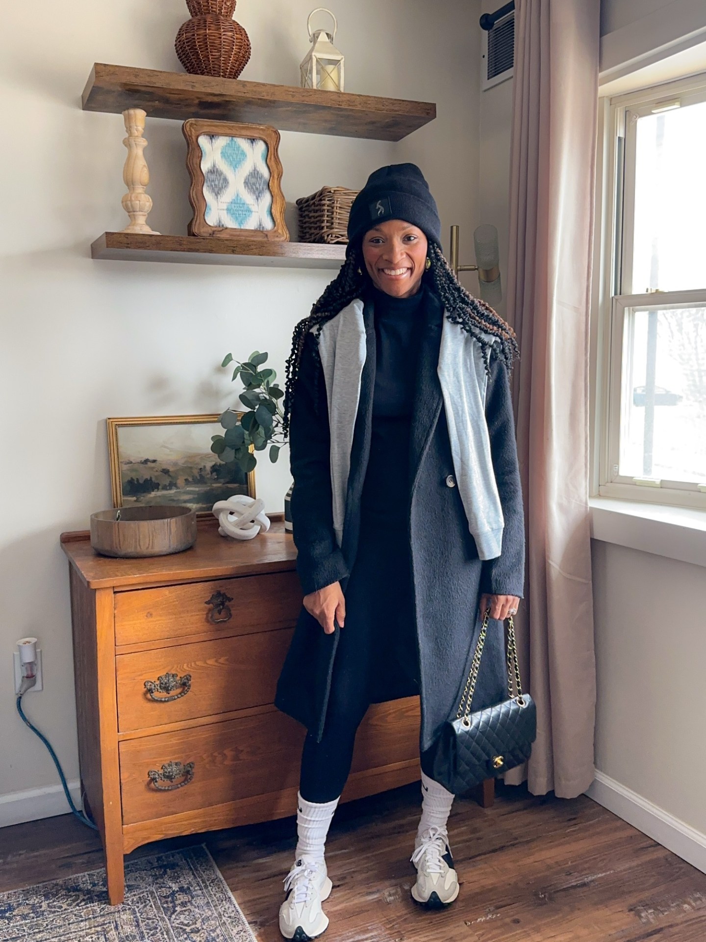 Long Black Coat and Grey Scarf with Black Leggings Long Black Coat and Grey Scarf with Black Leggings — Winter Outfits with Leggings