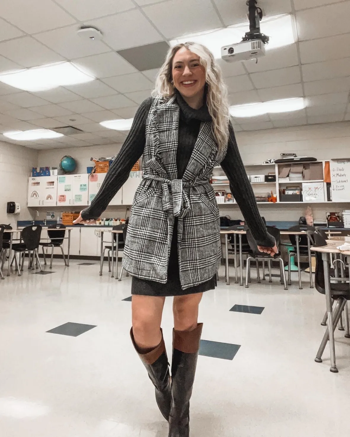 Turtleneck Under Plaid Vest with Mini Dress Turtleneck Under Plaid Vest with Mini Dress — Winter Teacher Outfits