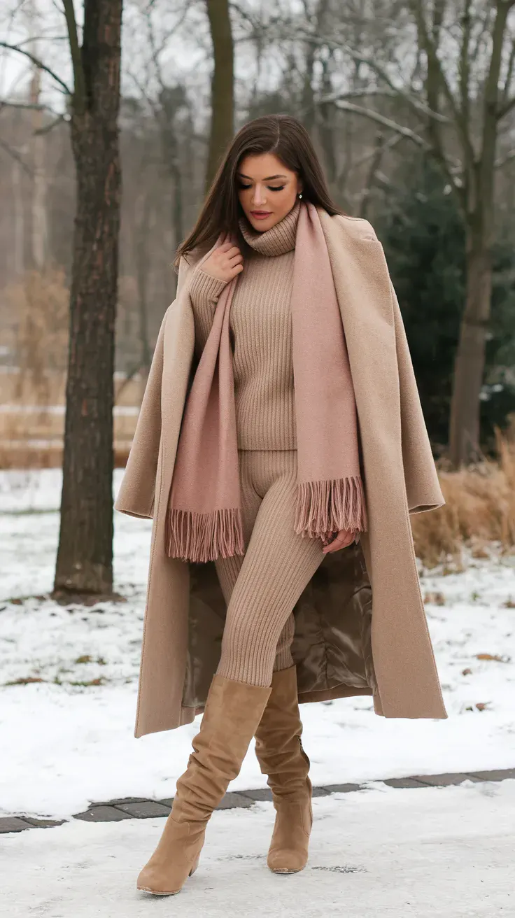Monochromatic Beige Knit Set Under a Long Wool Coat Monochromatic Beige Knit Set Under a Long Wool Coat — Cute Winter Outfits