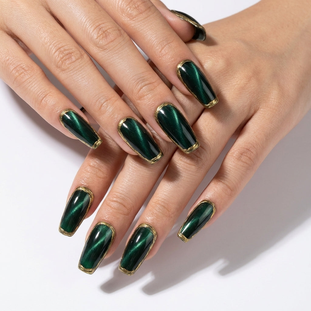 Emerald Coffin with Gold Border Emerald Coffin with Gold Border — Emerald Green Nails