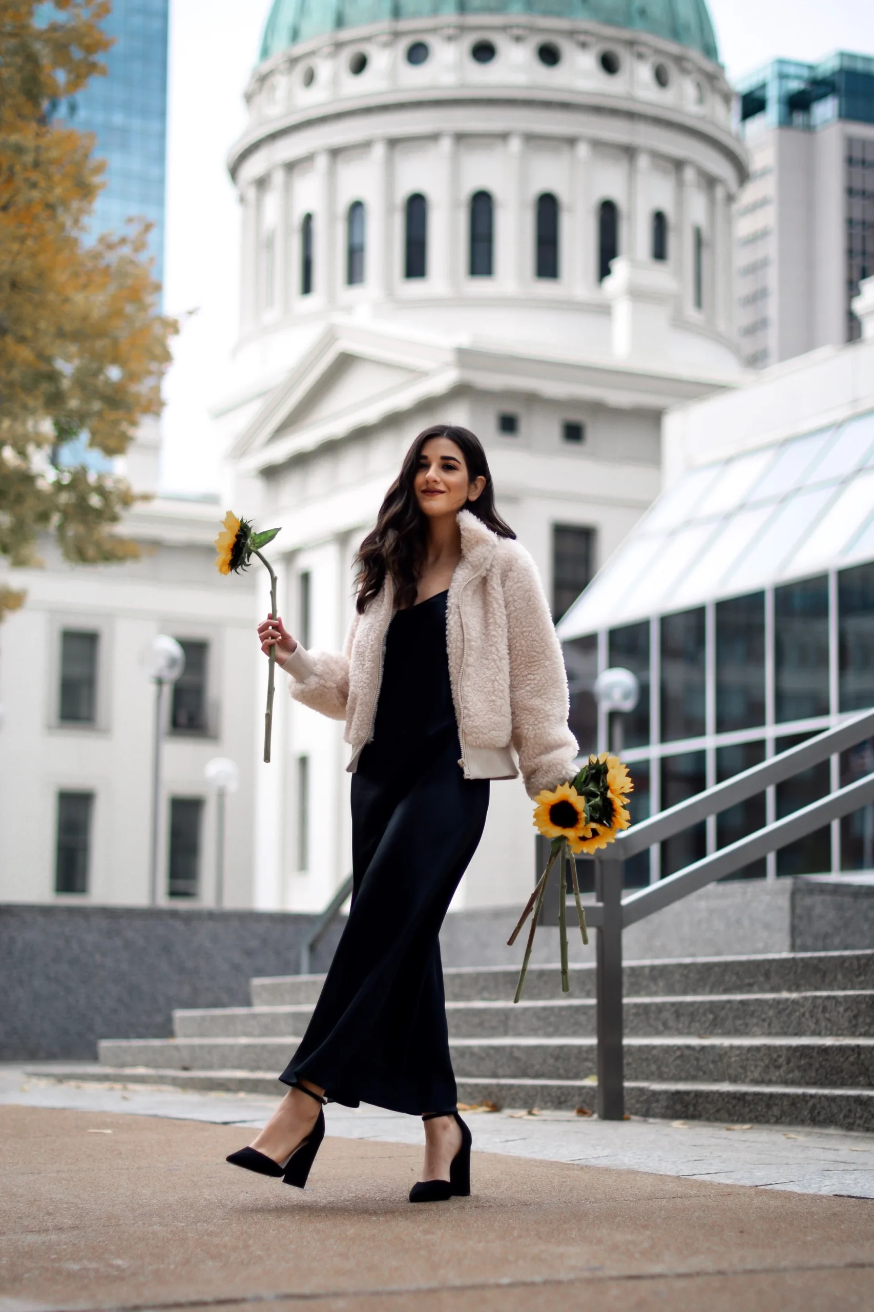 Cropped Teddy Shearling Jacket with Satin Slip Dress — Shearling Coat Outfits