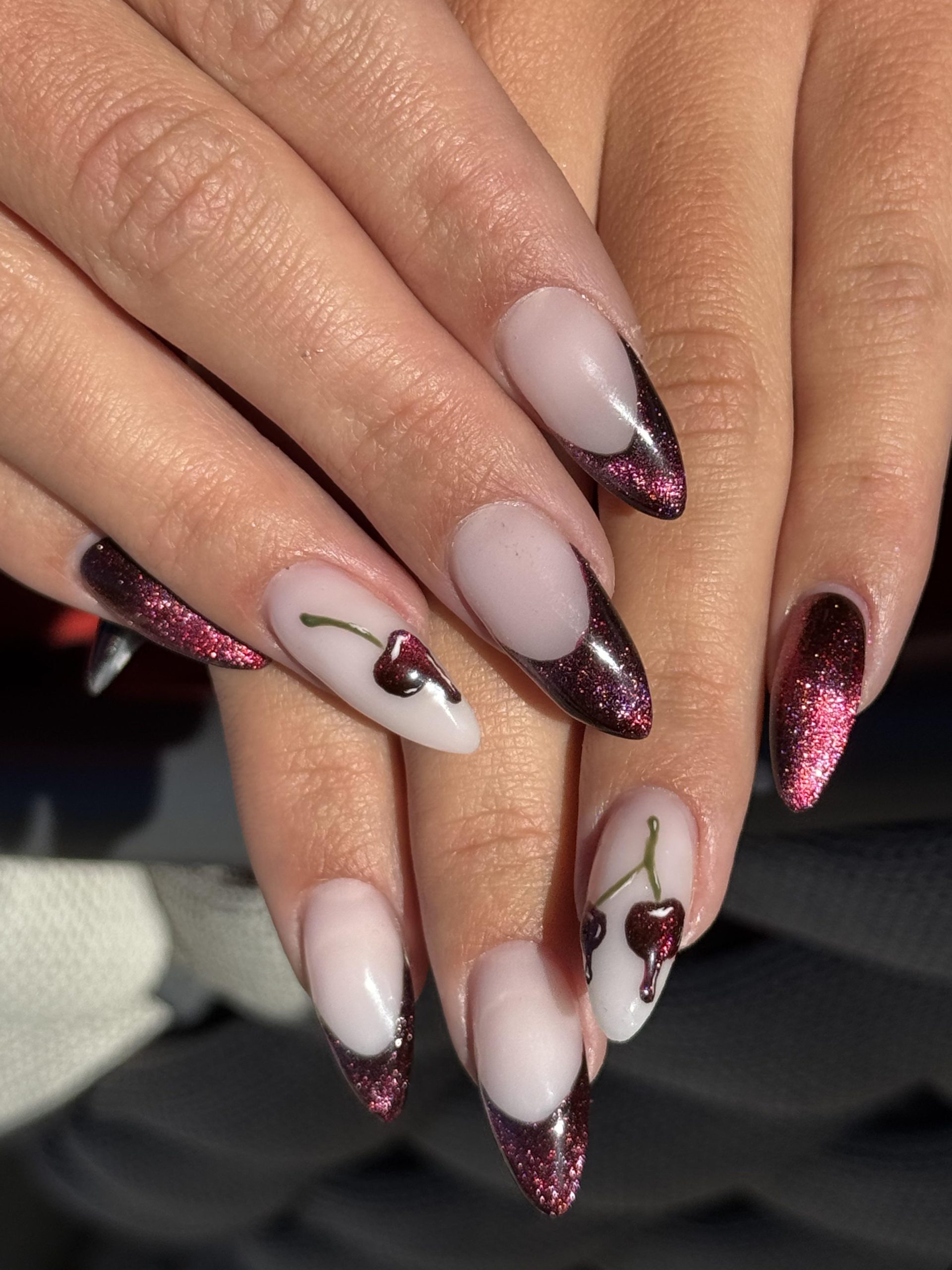 Stiletto with Cherry Motifs and Glitter Tips Stiletto with Cherry Motifs and Glitter Tips — Black Cherry Nails