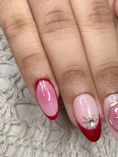 Pink Base with Bold Red French Tips and Rhinestones — trendy almond nail designs