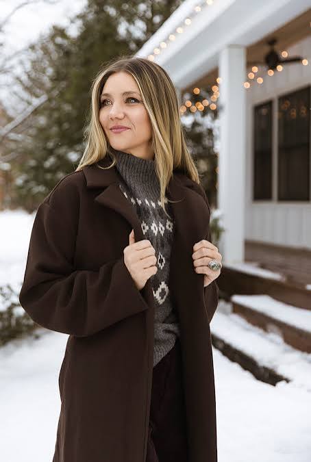 Grey Fair Isle Sweater Under a Brown Coat in Snowy Setting Grey Fair Isle Sweater Under a Brown Coat in Snowy Setting — Fair Isle Sweater Outfits