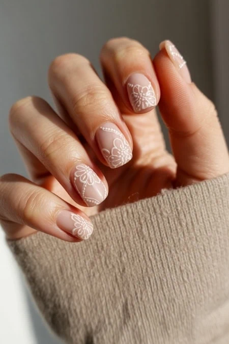 Understated Nude Square Lace Accents Understated Nude Square Lace Accents — Lace Nails
