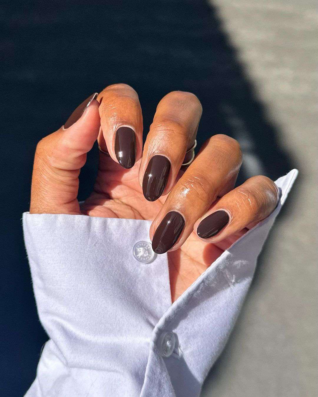 Deep Glossy Brown Medium Oval Nails Deep Glossy Brown Medium Oval Nails — Winter Nail Colors for Dark Skin