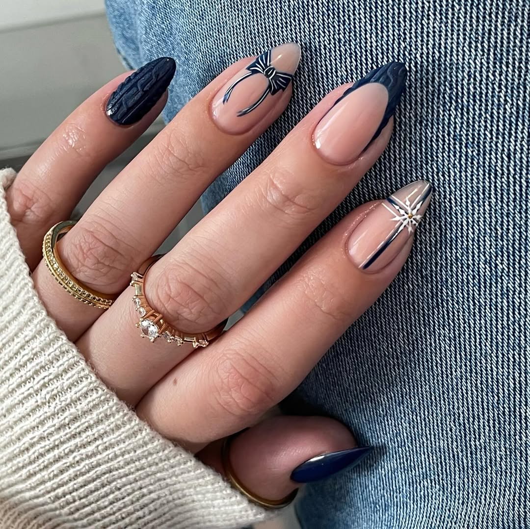 Nude Navy French Tip Bow Almond Nails Nude Navy French Tip Bow Almond Nails — Winter Almond Nails