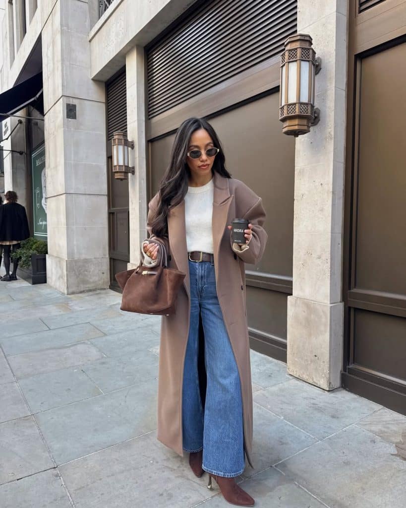 Heeled Brown Boots with Wide-Leg Jeans and Camel Coat — Chelsea Boots Outfits