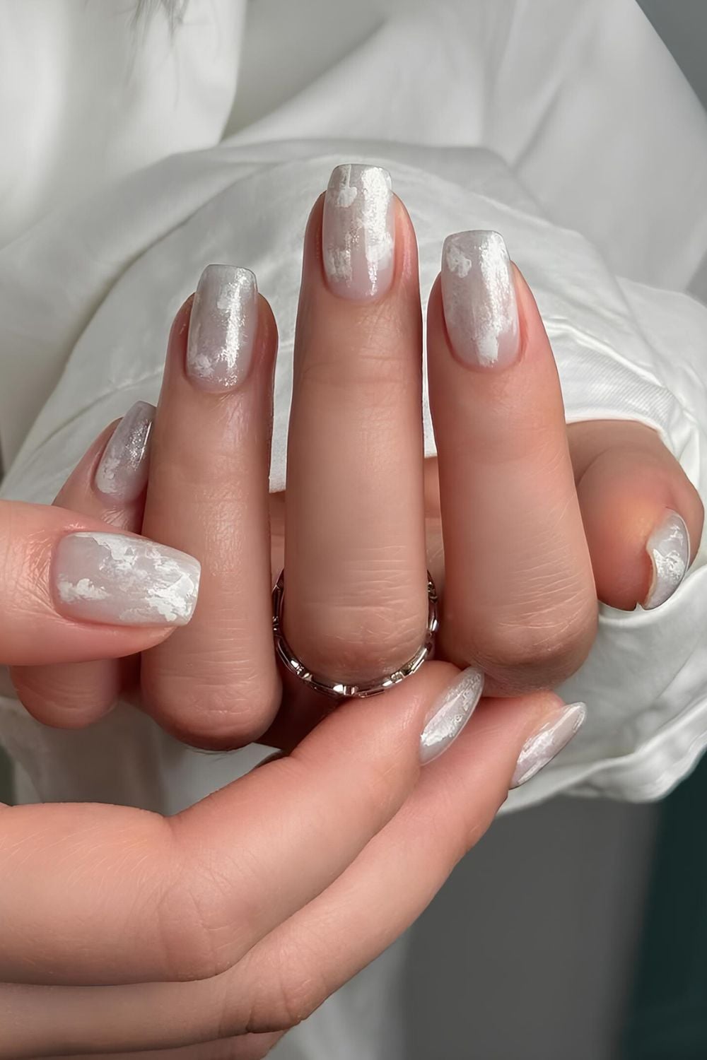 Sheer White Marble Streaks Square Nails — Winter Marble Nails