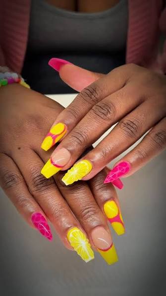 Neon Yellow Lemon Slices with Pink Tips Neon Yellow Lemon Slices with Pink Tips — yellow nail designs