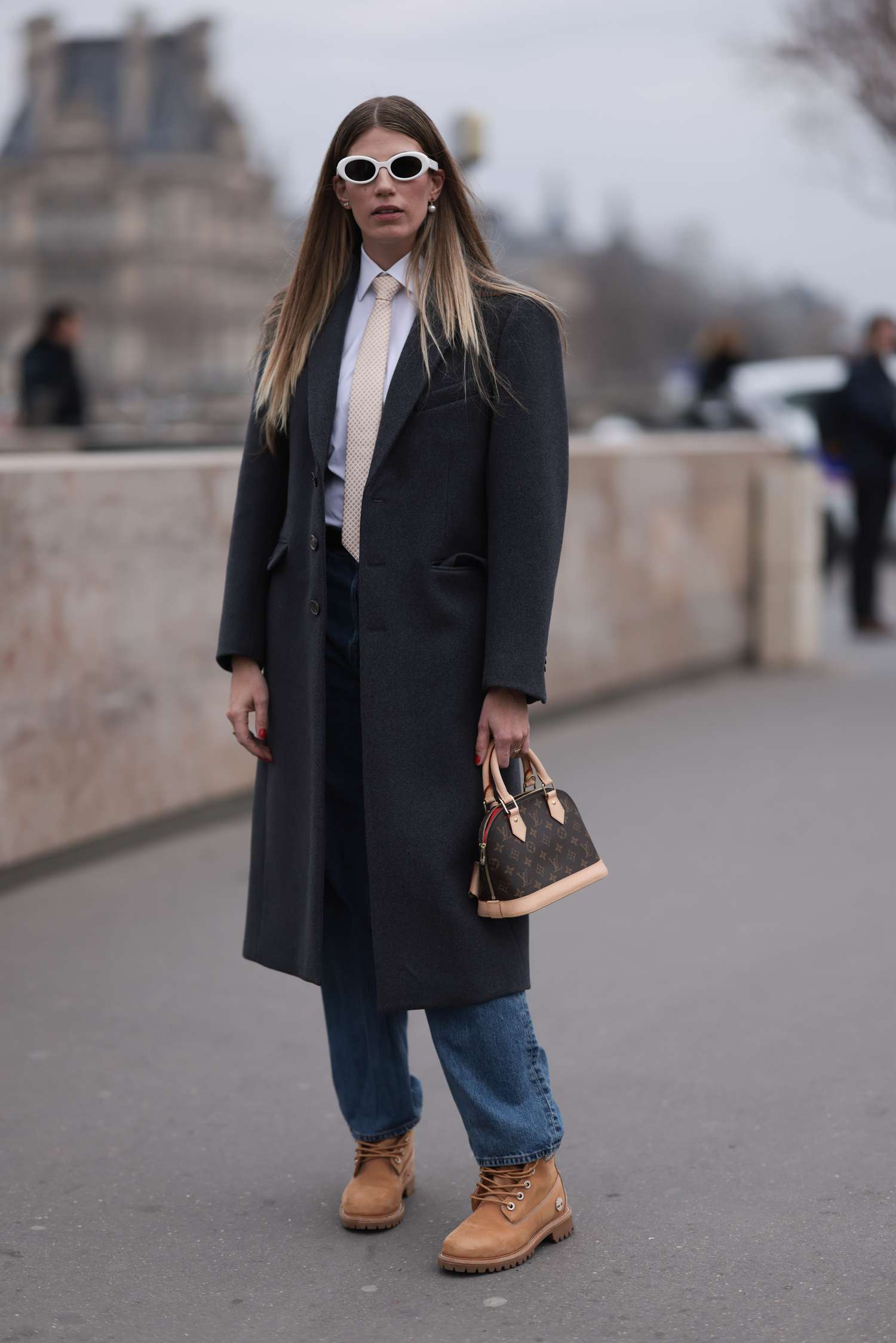 Unexpected Twist: Wheat Boots with Tie and Wool Coat — Timberland Boots Outfits