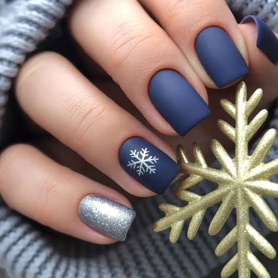 Matte Blue with Silver Snowflake Matte Blue with Silver Snowflake — Short Winter Acrylic Nails