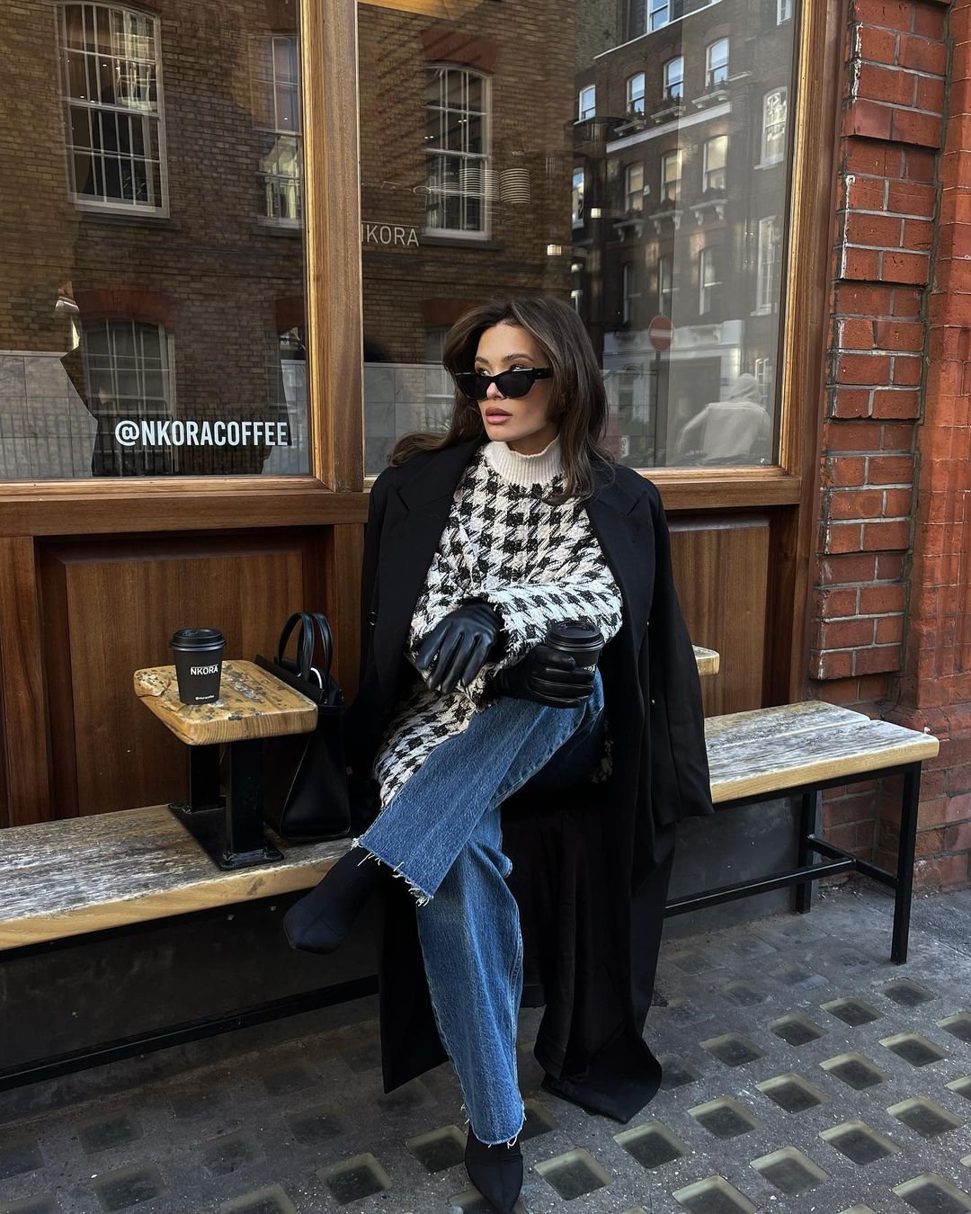 Houndstooth Sweater Under a Chic Black Coat Houndstooth Sweater Under a Chic Black Coat — Winter Going Out Outfits