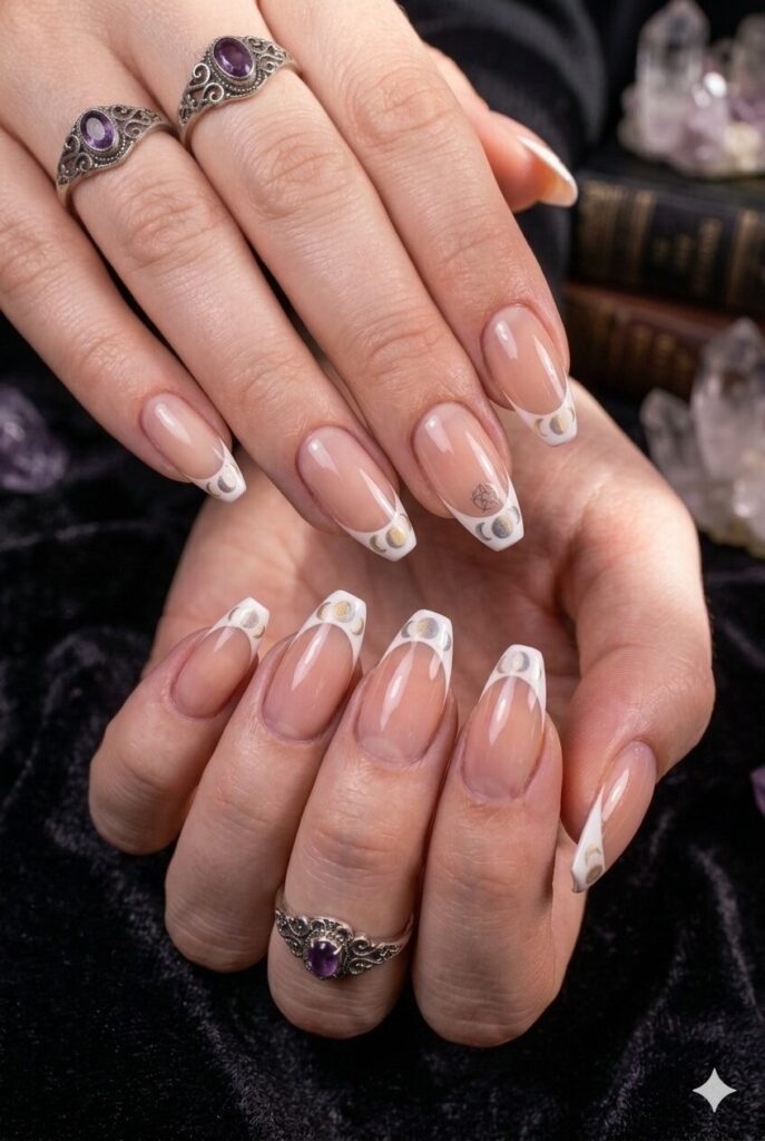 Celestial Moon Phase French Coffin Nails Celestial Moon Phase French Coffin Nails — coffin nail designs