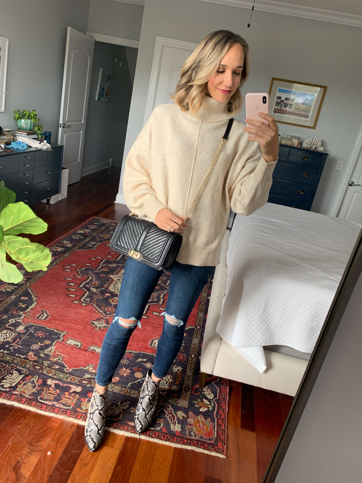 Beige Oversized Turtleneck with Ripped Jeans and Snake Print Boots — Oversized Sweater Outfits