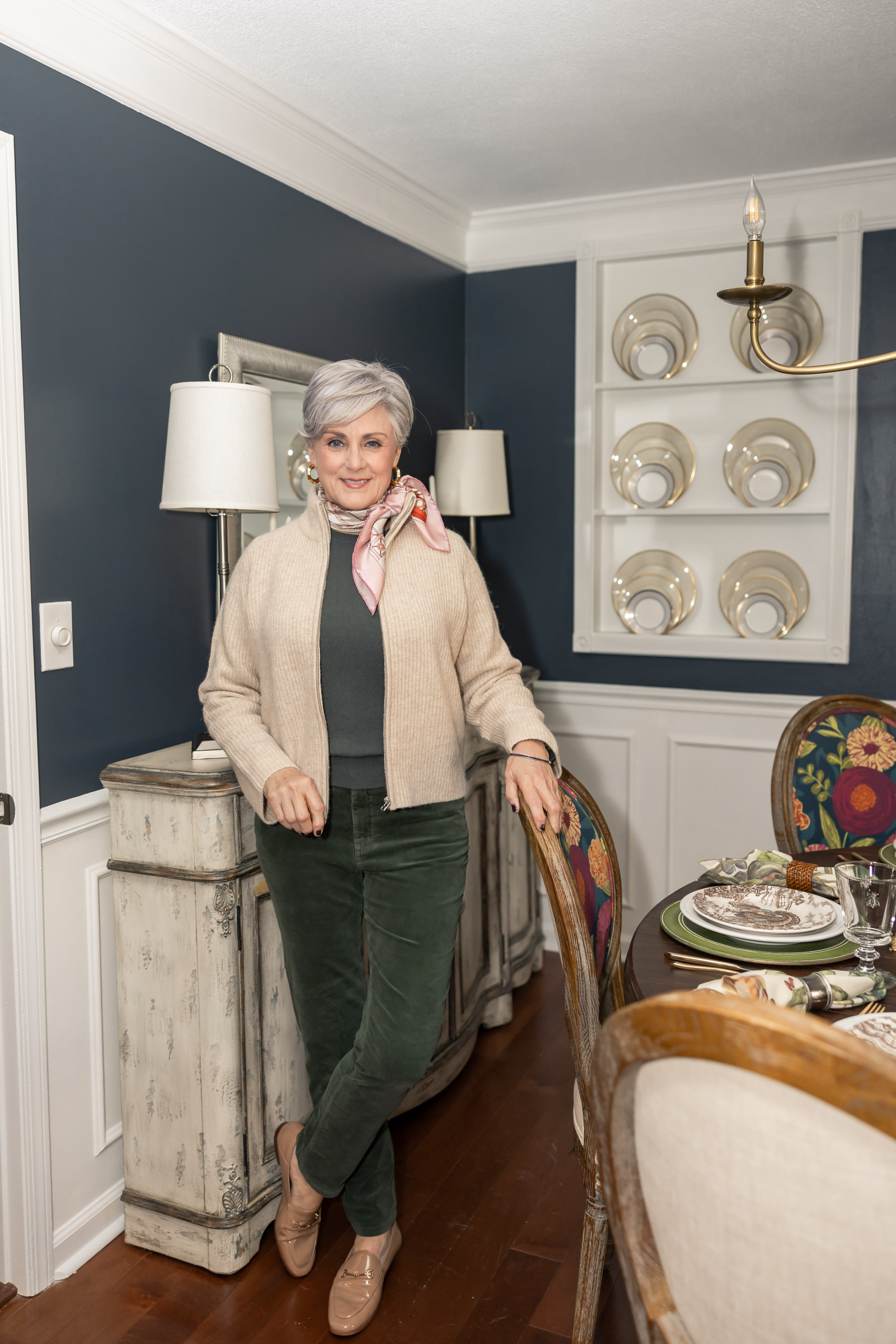 Cozy Beige Cardigan Over Dark Green Separates with Pink Scarf Cozy Beige Cardigan Over Dark Green Separates with Pink Scarf — Casual Winter Outfits for Women Over 50