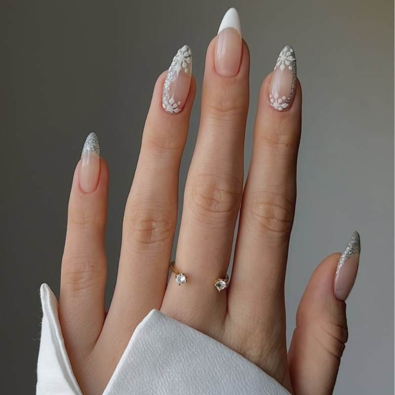 Sheer Nude with Glitter French and Snowflakes Sheer Nude with Glitter French and Snowflakes — Winter Nails