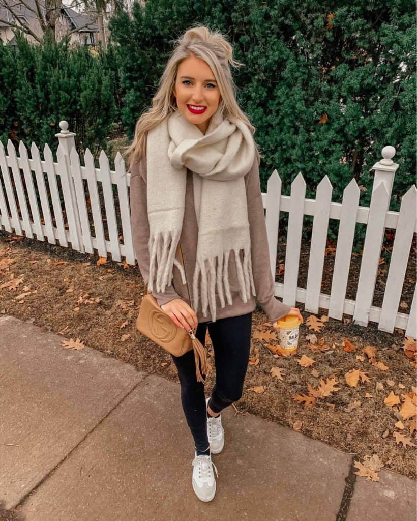 Cozy Knit Scarf with Casual Sweatshirt and Leggings Cozy Knit Scarf with Casual Sweatshirt and Leggings — Cold Weather Outfits