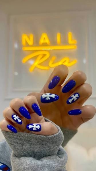 Long Coffin Blue French Tips with Charms Long Coffin Blue French Tips with Charms — blue nail inspo