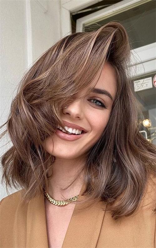 Mushroom Brown Lob With Curtain Bangs — Mushroom Brown Hair