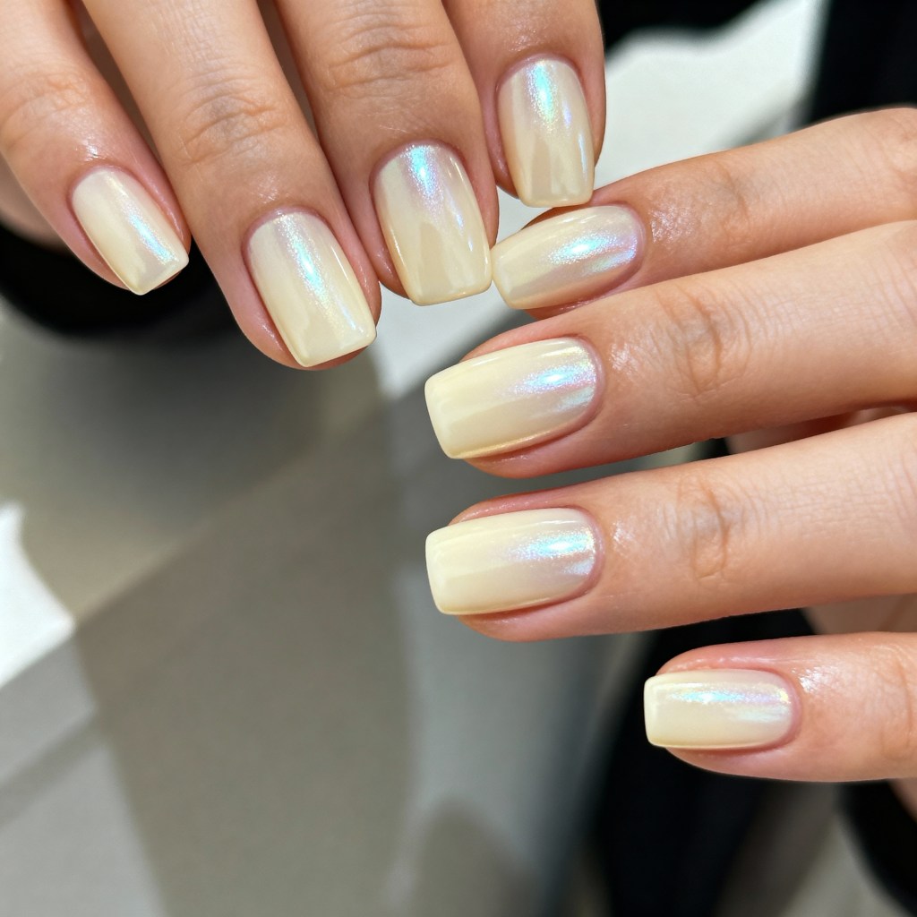 Pale Yellow With Shifting Iridescent Shimmer Pale Yellow With Shifting Iridescent Shimmer — Minimalist Winter Nails
