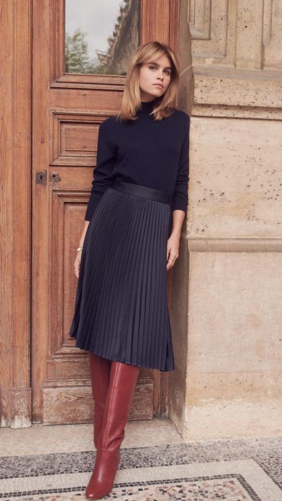 Navy Turtleneck and Pleated Midi Skirt with Red Boots Navy Turtleneck and Pleated Midi Skirt with Red Boots — Winter Work Outfits