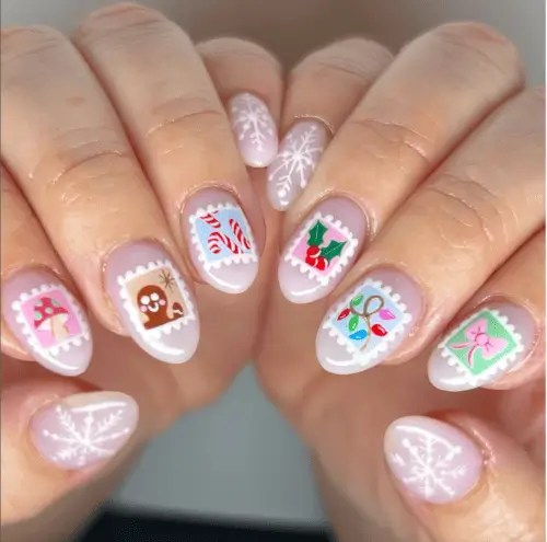Sheer Milky White with Festive Stamp Stickers Sheer Milky White with Festive Stamp Stickers — Pastel Winter Nails