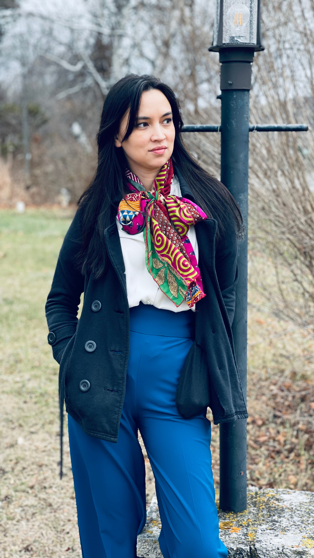 Vibrant Scarf Elevates a Neutral Base Vibrant Scarf Elevates a Neutral Base — Scarf Outfits