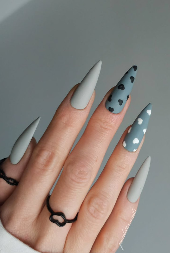 Matte Grey with Dark Grey Hearts Matte Grey with Dark Grey Hearts — Winter Gray Nails