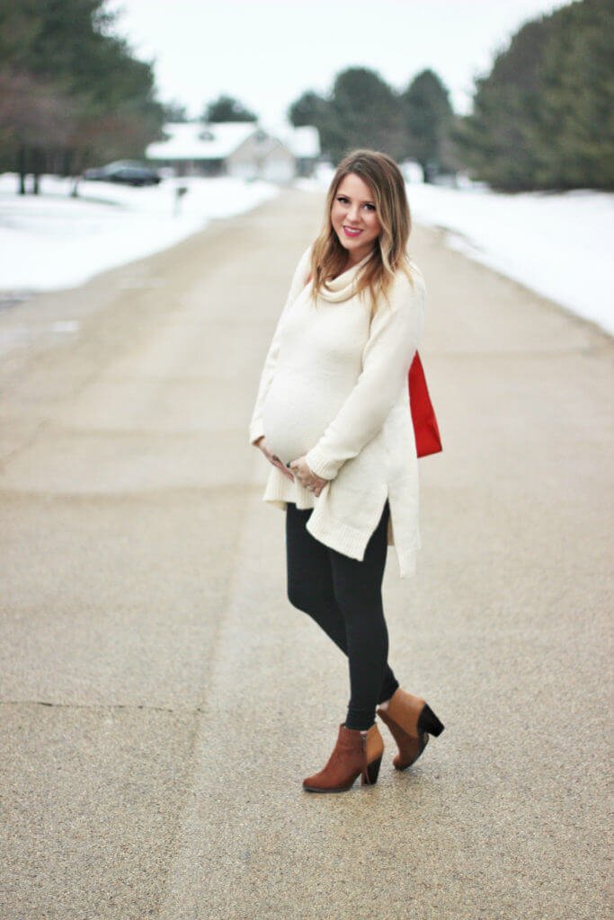 Cozy Cream Cowl Neck Tunic Sweater for Winter — Winter Maternity Outfits