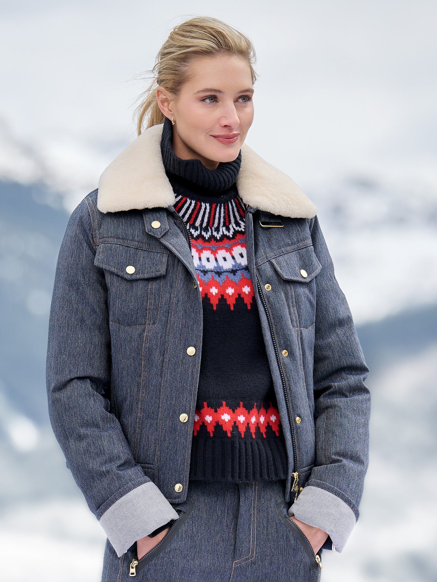 Denim Jacket and Fair Isle Sweater for a Chic Ski Vibe Denim Jacket and Fair Isle Sweater for a Chic Ski Vibe — Ski Outfits
