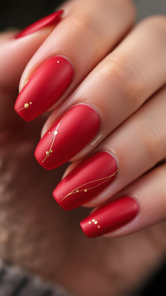 Matte Red with Gold Dot Nails Matte Red with Gold Dot Nails — Winter Red Nails