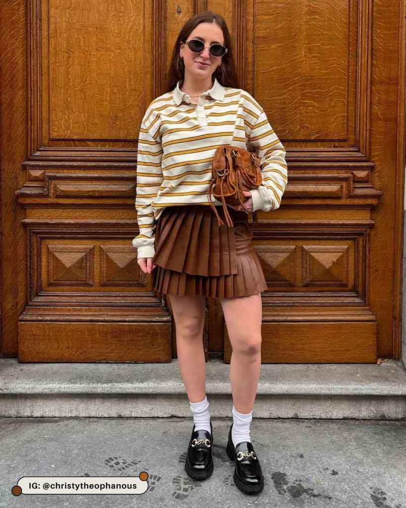 Fall Casual Brown Pleated Leather Mini Skirt with Striped Polo Fall Casual Brown Pleated Leather Mini Skirt with Striped Polo — Leather Skirt Outfits