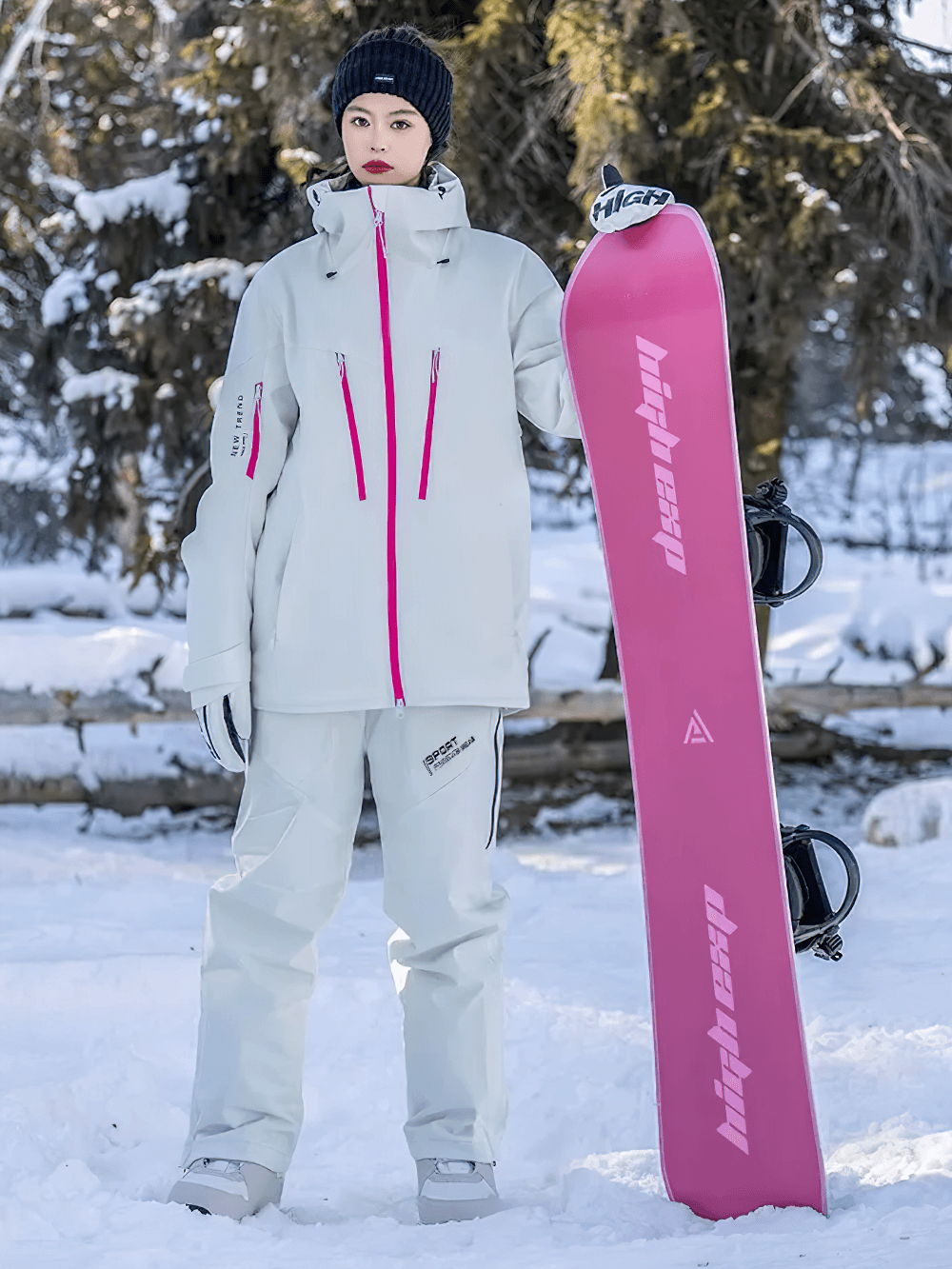 All-White Snowboard Set with Pink Accents for a Clean Look All-White Snowboard Set with Pink Accents for a Clean Look — Snowboarding Outfits