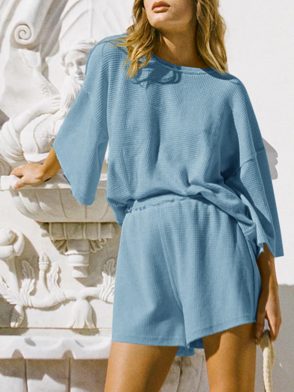 Blue Waffle Knit Oversized Top and Shorts Set — Loungewear Outfits