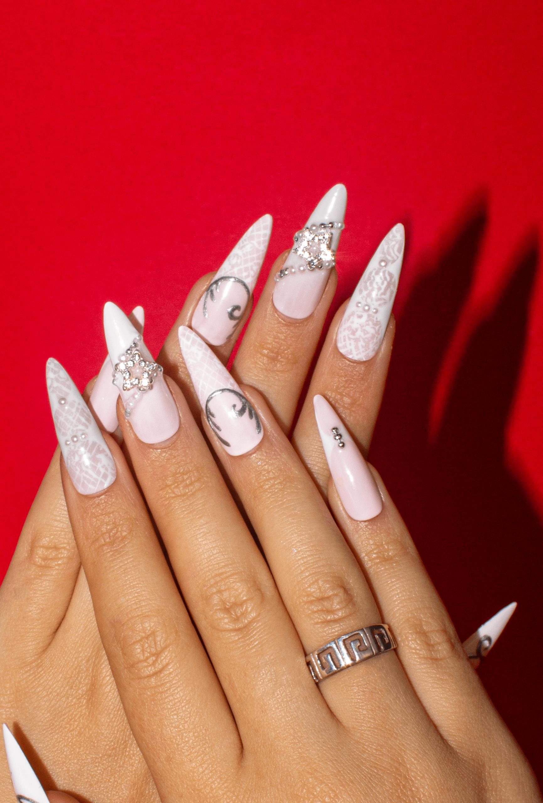 Pale Pink Stiletto With White Lace Pale Pink Stiletto With White Lace — Winter Stiletto Nails