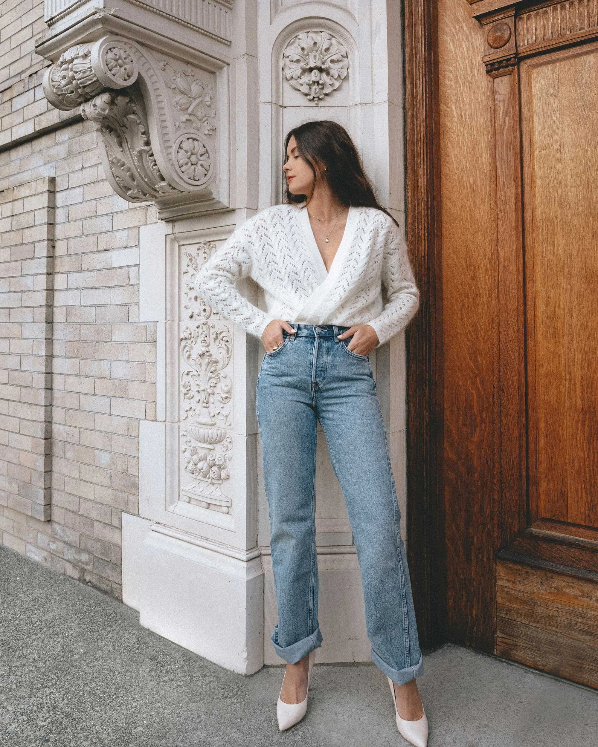 Effortless Elegance: Light Blue Straight Leg Jeans with Wrap Cardigan — Winter Outfits with Jeans
