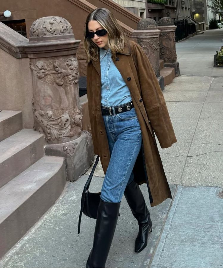 Casual Chic: Denim Shirt, Suede Trench, and Black Knee-High Boots — Knee High Boots Outfits