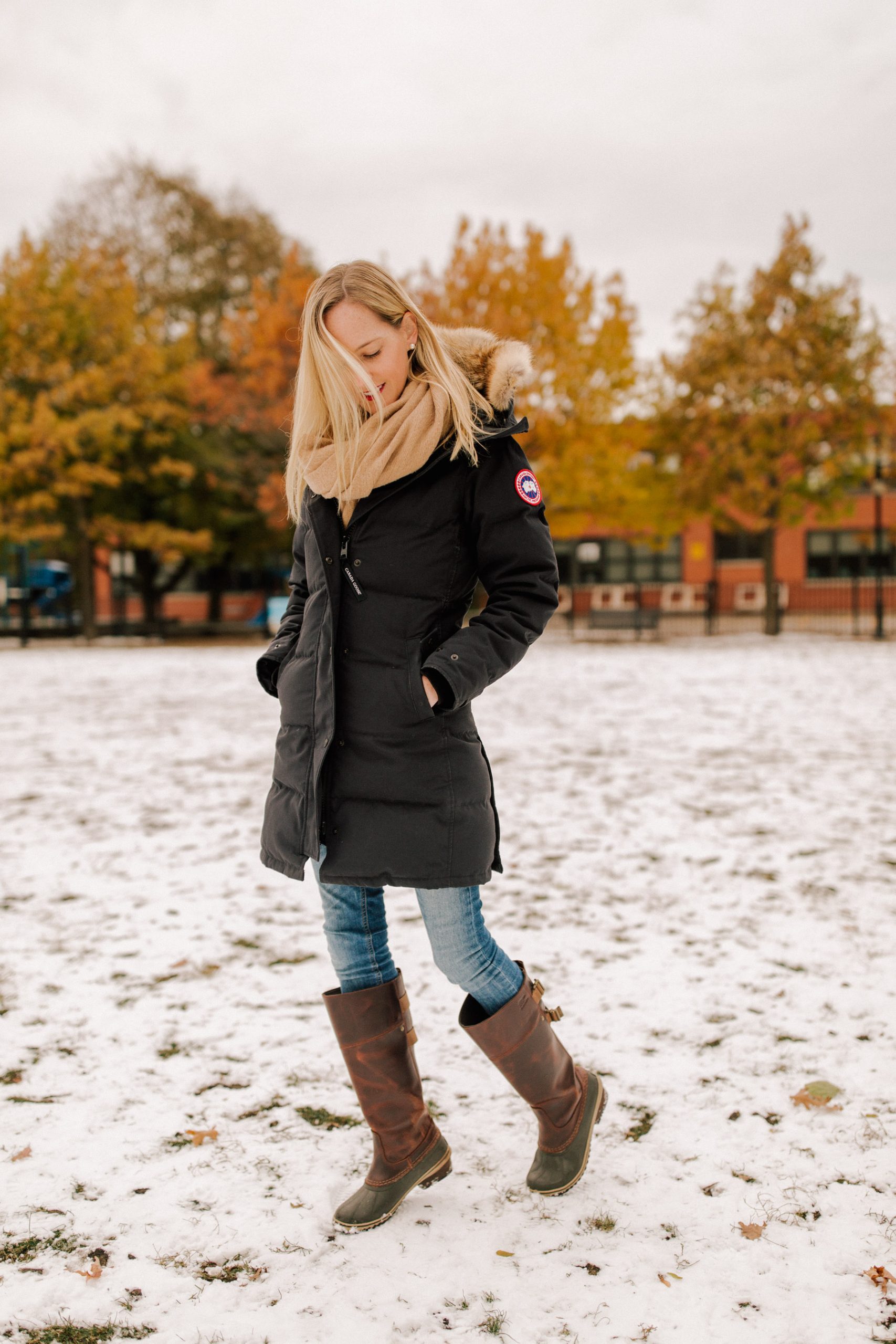 Practical Puffer Coat with Scarf Accent — Preppy Winter Outfits