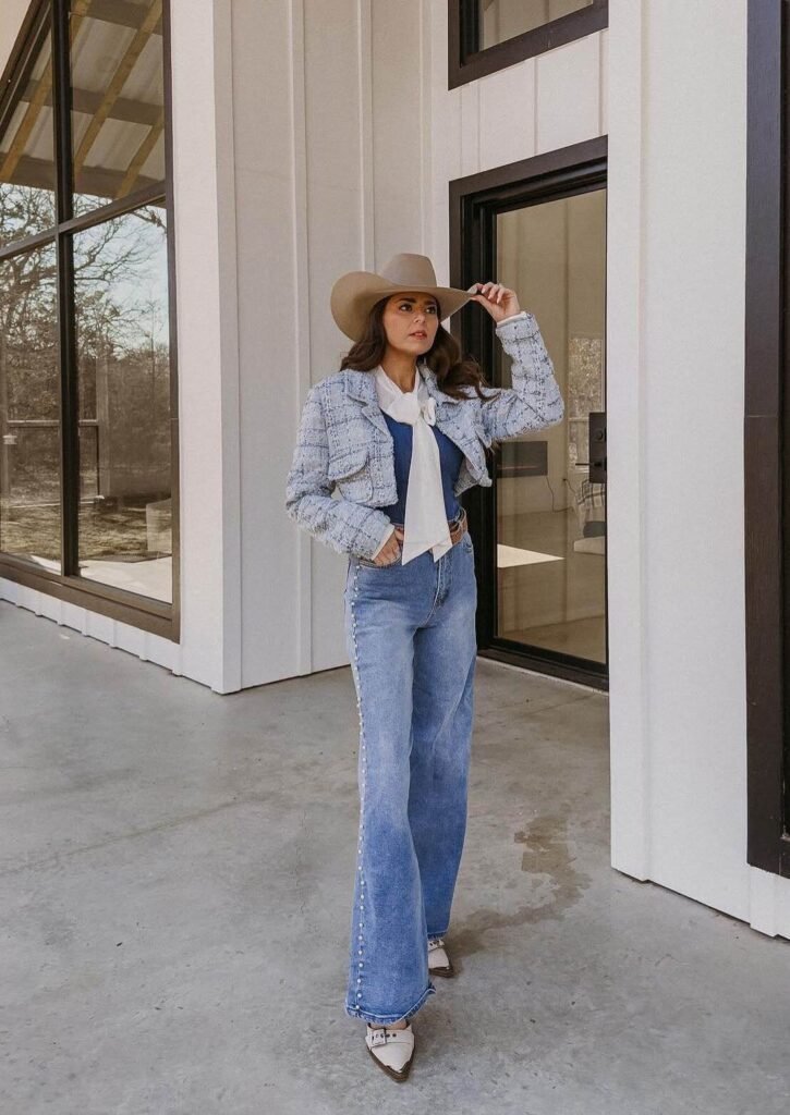 Chic Tweed Jacket and Pearl Embellished Jeans with Cowboy Hat — Nashville Winter Outfits