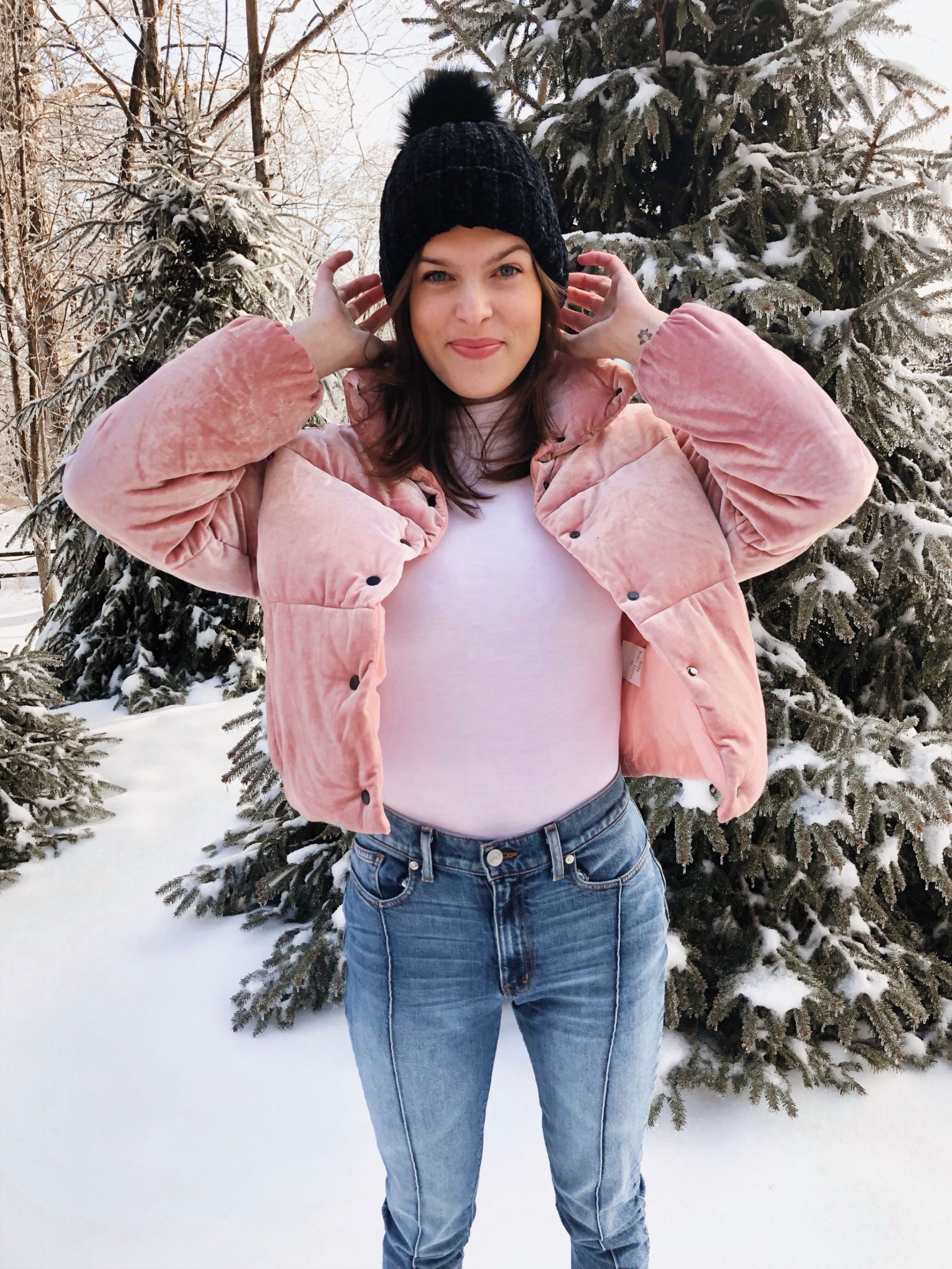 Playful Winter Glam: Pink Velvet Puffer with Denim — Winter Puffer Jacket Outfits