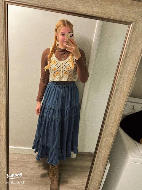 Crochet Crop Top with Tiered Denim Maxi Skirt Crochet Crop Top with Tiered Denim Maxi Skirt — Western Winter Outfits