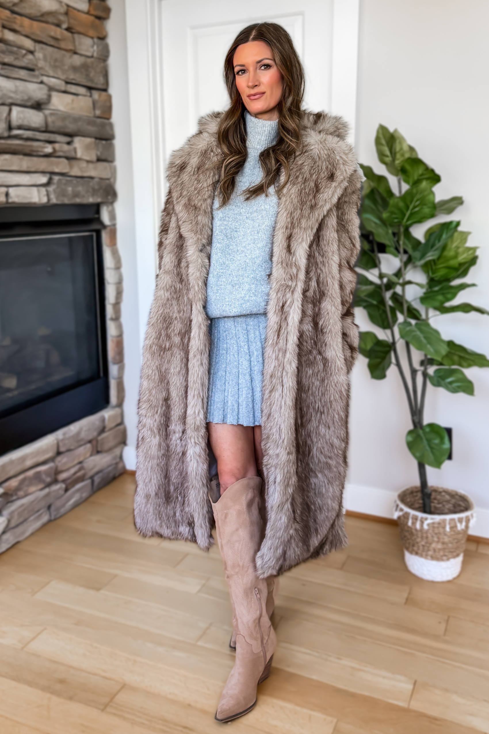 Glamorous Winter Style: Brown Faux Fur Coat with Pleated Skirt Glamorous Winter Style: Brown Faux Fur Coat with Pleated Skirt — Long Coat Outfits