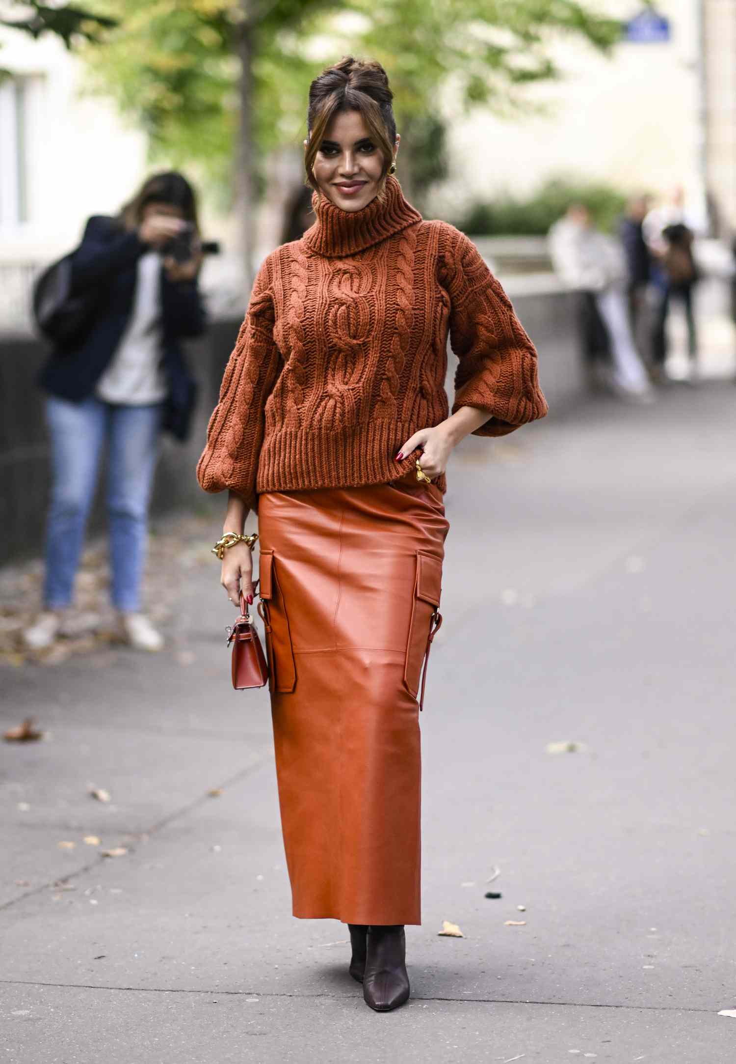 Orange Leather Cargo Maxi Skirt with Chunky Knit Sweater — Winter Skirt Outfits