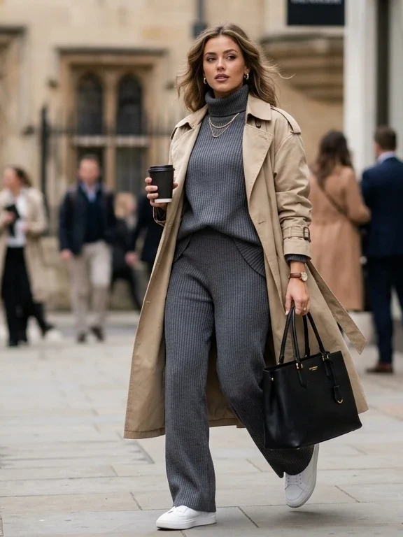 Beige Trench Coat over a Matching Knit Set — Baddie Winter Outfits