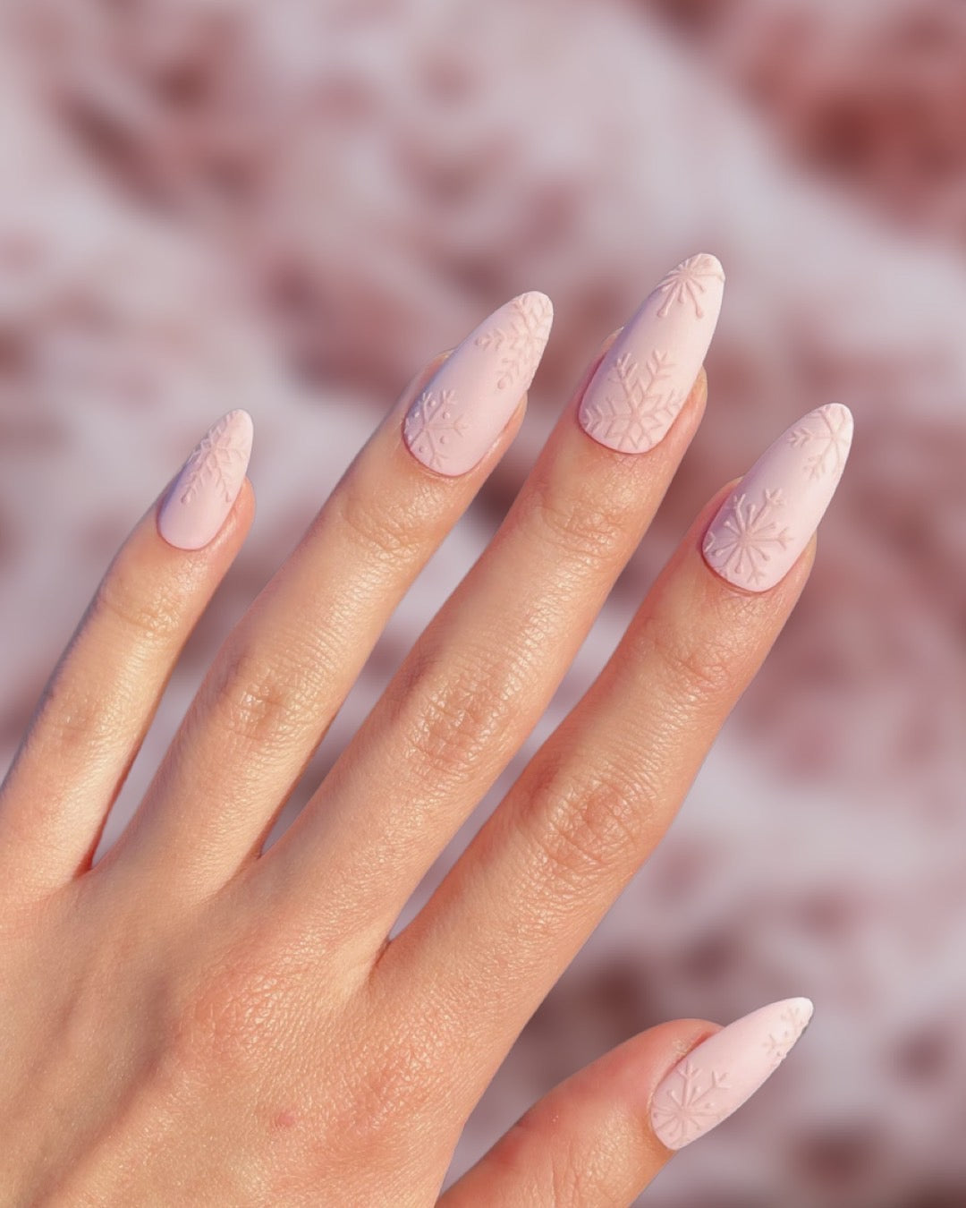 Embossed Snowflake Pale Pink Matte Nails Embossed Snowflake Pale Pink Matte Nails — Winter Pink Nails